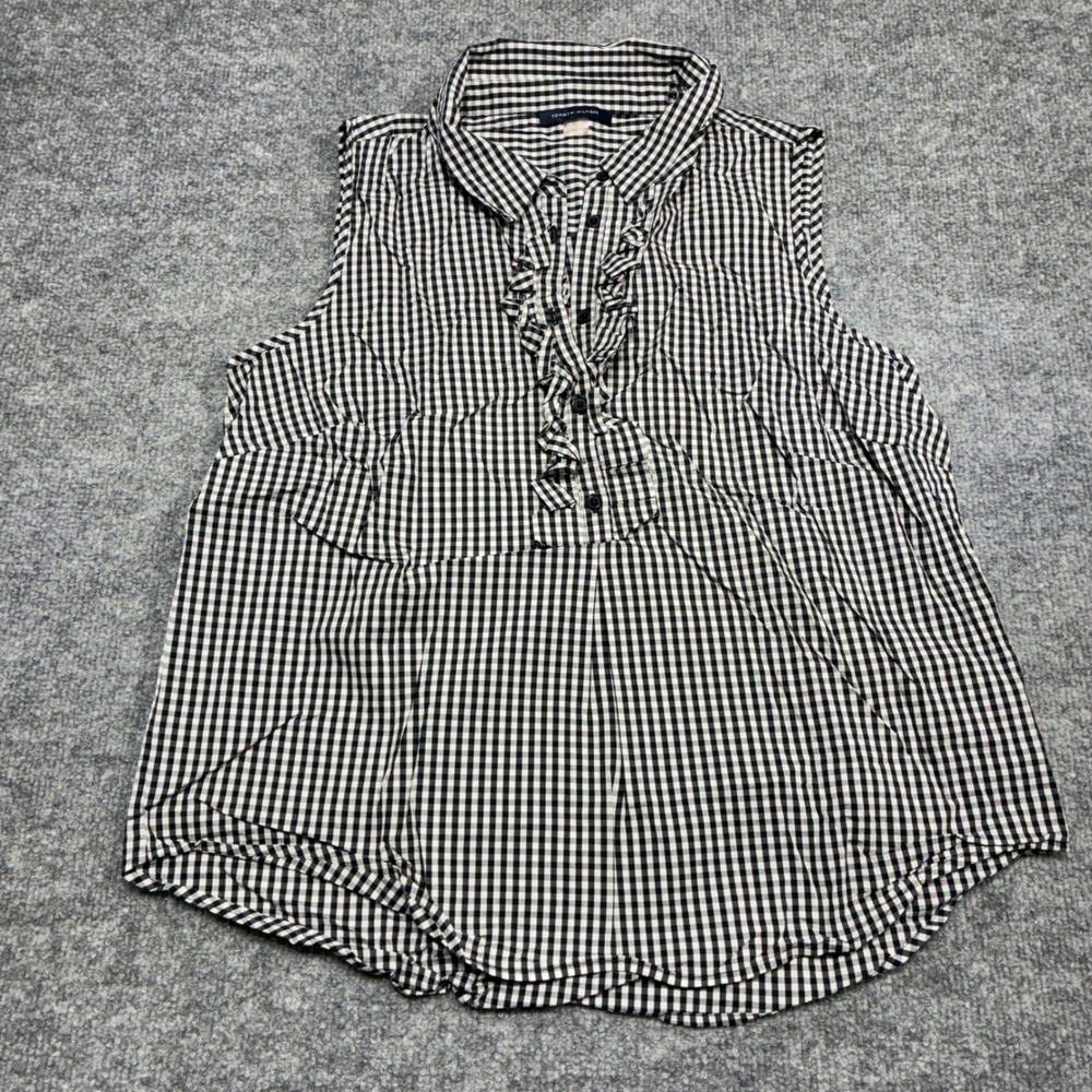 Tommy Hilfiger Womens L Black Gingham‎ Ruffle Button Front Sleeveless Shirt Top